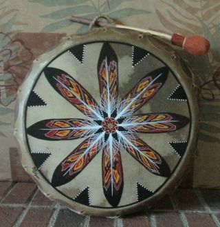 Native American Painted Drum & Drum Stick - Feathers Signed Artist Rose Briseno
