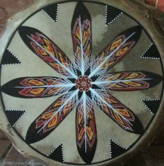 Native American Painted Drum & Drum Stick - Feathers Signed Artist Rose Briseno 3