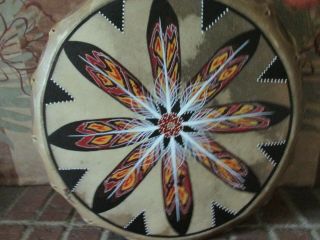 Native American Painted Drum & Drum Stick - Feathers Signed Artist Rose Briseno 4