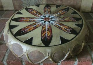 Native American Painted Drum & Drum Stick - Feathers Signed Artist Rose Briseno 5