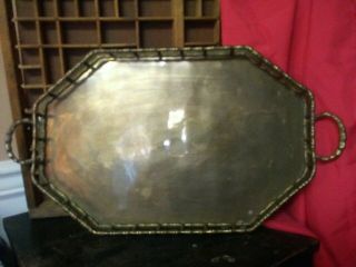 Vintage Large Rectangular Brass Serving Tray " Bamboo " Style With Handles India