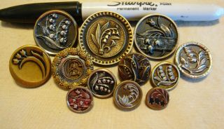 12 Antique Vintage Lily Of The Valley Metal Picture Buttons 9/16 " To 1 1/4 "