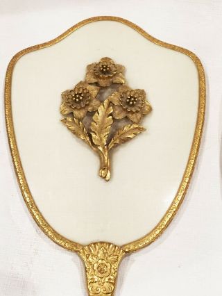 Matson Daffodil Beveled Hand Mirror & Brush Set Ormolu Gold Mid - Century Vtg 50s