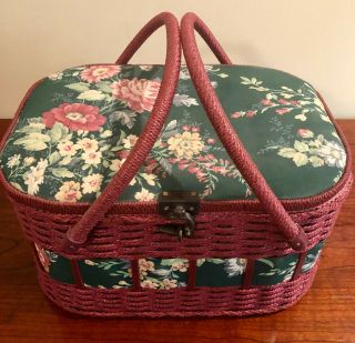Vintage Wicker Footed Sewing Basket,  Handles & Padded Tapestry Top