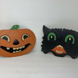 Vtg Black Cat Pumpkin Paper Die Cut 50s 60s Usa Window Wall Hanging Halloween