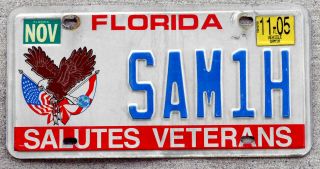 Florida " Salutes Veterans " License Plate With A 2005 Sticker
