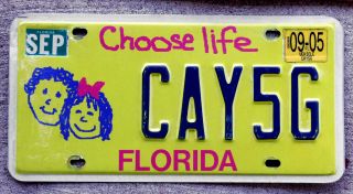 2005 Florida " Choose Life " License Plate With Two Hand - Drawn Child Faces
