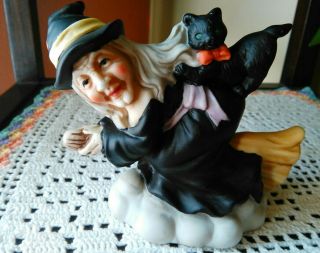 Vintage Witch And Black Cat On A Broom Halloween Figurine