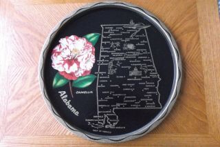 Vtg Alabama Round Black & Gold Metal Souvenir Tray State Map & State Flower