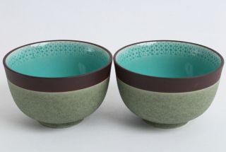 Mino Ware Japanese Pottery Pair Yunomi Chawan Tea Cup Cobalt Blue & Moss Green