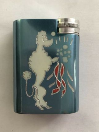 Vintage Blue Cigarette Lighter W/etched & Enameled Poodle Dog Design