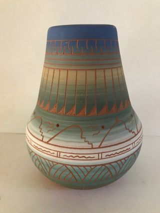 Native American Etched 6 " Red Clay Pottery Vase Signed Tony A Yazzie " Dive "