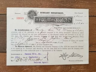 Vintage 1903 Burglary Policy Renewal Fidelity Casualty Co Examined Stamp