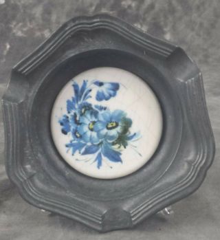 Vintage Metal Pewter? Ashtray With Round Ceramic Floral Tile In Center