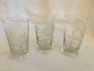 3 Vintage Frank Oda Etched Drinking Glasses Juice Tumblers Hawaiian Flowers