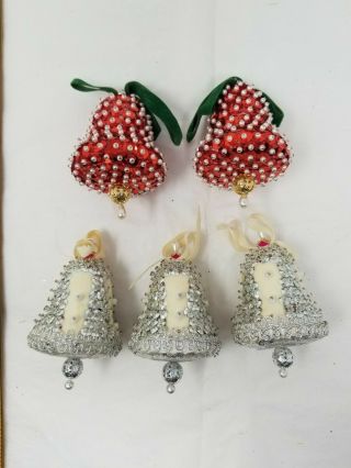 5 Vintage Gold White Red Satin Bell Beads Sequins Handmade Xmas Ornaments