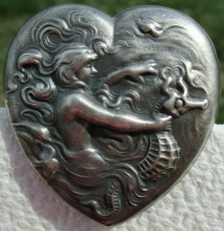 Rare 1940s French White " Mermaid - Seahorse " Lg Heart Shape Vintage Antique Button