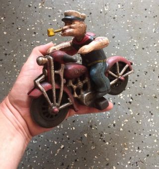 Popeye Cast Iron Motorcycle Rider Outlaw Antique Style 4.  25 Lbs 8 Inch Length Vg