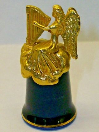A Rare Sterling Classic Bone China Thimble Golden Angel Thimble - Playing A Harp -