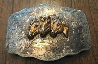 Vtg Diablo Sterling Silver 3 Horse Heads Western Belt Buckle 67 Grams