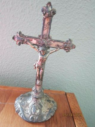 Antique altar Crucifix Silver ornate 6 1/2 