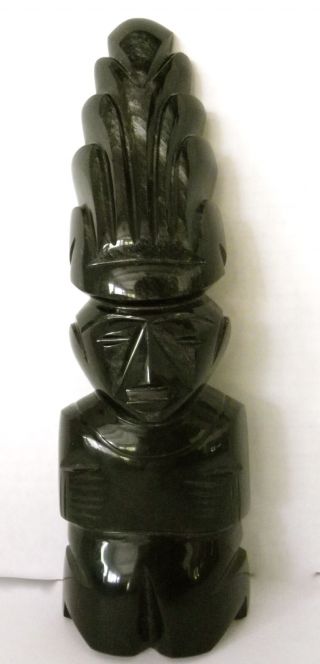 Vintage Carved Obsidian Mayan Aztec Regal Figurine Idol Chief Warrior 10 " Tall