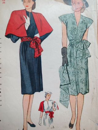 Simplicity 1289 Vintage 40s Cape Dress Sewing Pattern Size 16 Bust 34 1940s