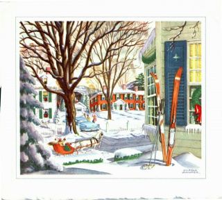 Snow Streets Old Car Picket Fence Home House Vtg Christmas Greeting Card