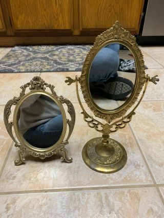 (2) Vintage Vanity Mirrors Gold Tone