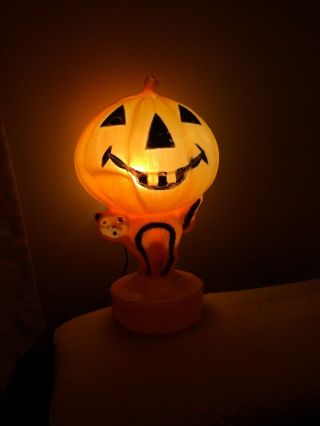 Vintage Halloween Pumpkin On Top Of Cat Old Rare Find Jol Blowmold Light 14 " Tall