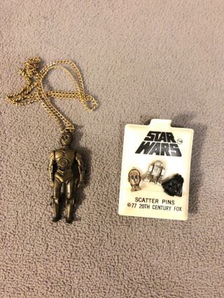 Vtg 1977 Set Of 3 Star Wars Scatter Pins Cp30 Darth Vader R2d2 Charm Necklace