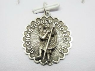 Beau Vintage Sterling Silver Religious Saint Christopher Protect Us Pendant