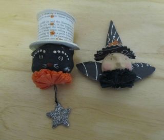 2 Bethany Lowe Halloween Black Cat & Witch Brooch Pin Paper Mache