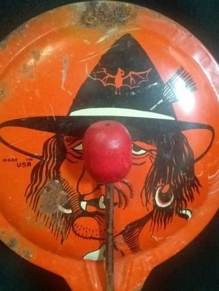 Vintage Mid Century Tin Witch Halloween Noise Maker Toy Wood Clapper 1950 - 60s