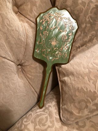 Vintage Vanity Mirror Hand Held Green Celluloid Oval Mirror