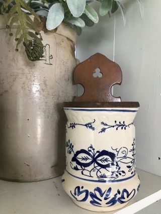 Vintage European Blue & White Ceramic Wall Mount Salt Box