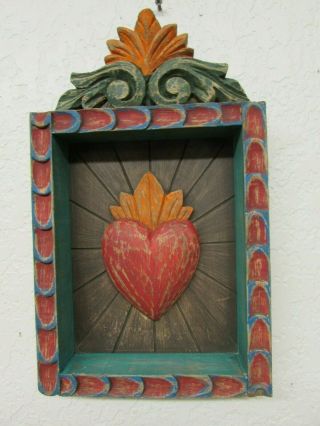 Hand Carved Colorful Retablo Sacred Heart Nicho 35 - Mexican Folk Art - 9 X 15