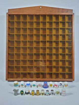 Vintage Thimbles & Wooden Display Case - 100 Slots With Sliding Cover