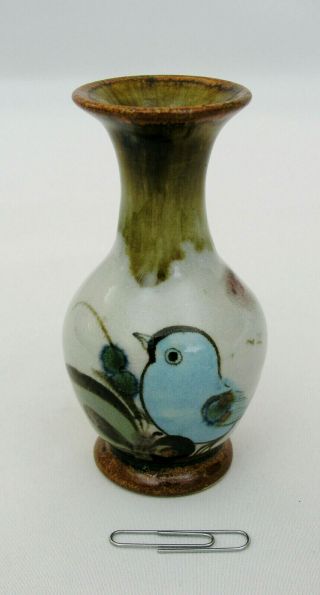 Ken Edwards Pottery - 3 3/4 " Vase - Cute Blue Bird Design - Signed -