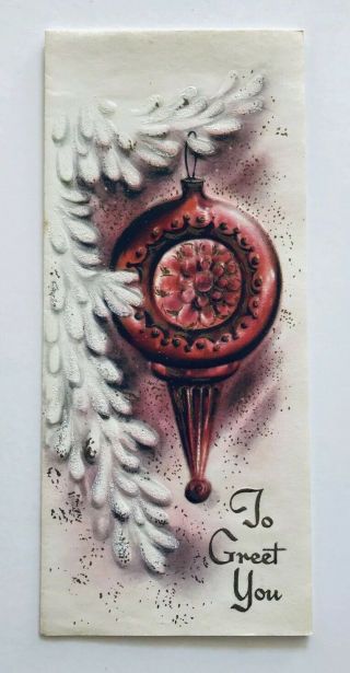 Vintage Christmas Card Pink Mid Century Atomic Ornament Glitter Tree Gold
