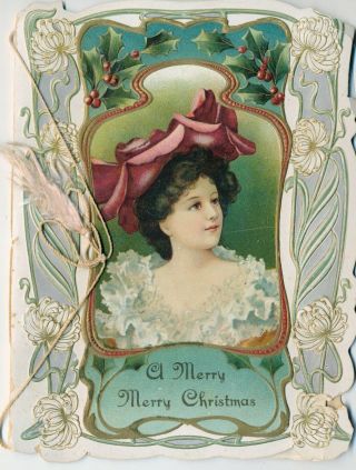 1906 Large Art Nouveau Woman " A Merry Christmas " 8 Page Embossed Die Cut Card