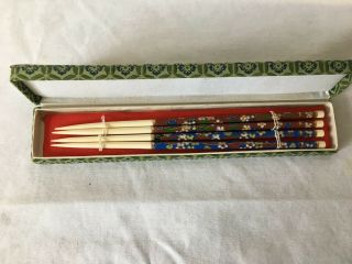 Two Chinese Cloisonne And Bone Chopsticks Red And Blue