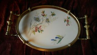 Vintage Victorian Brass And Porcelain Vanity Tray With Flower Design 