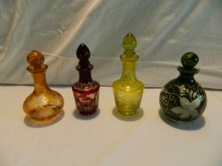 4 Colored Etched Glass Perfume Bottles With Stoppers