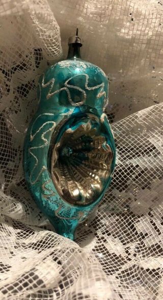 Antique Germany Blown Mercury Glass Christmas Tree Ornament Double Indent Teal