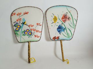 Set Of 2 Vintage Asian Handpainted Stretched Silk Hand Fans W/bamboo Handles