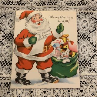 Vintage Greeting Card Christmas Santa Claus Toy Sack Puppy