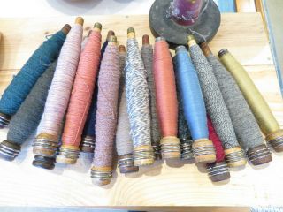 16 Antique Textile Sewing Spindles / Spools W/yarn Or Thread & Wooden Carousel