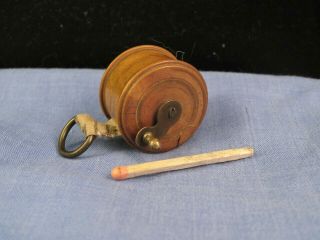 Antique Victorian Wooden Miniature Fishing Reel Sewing Measuring Tape Measure