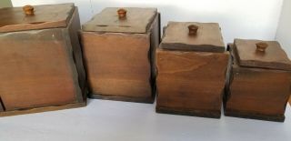 Vtg Solid Wood Kitchen Storage Canister Set With Liners Flour Sugar Coffee Tea